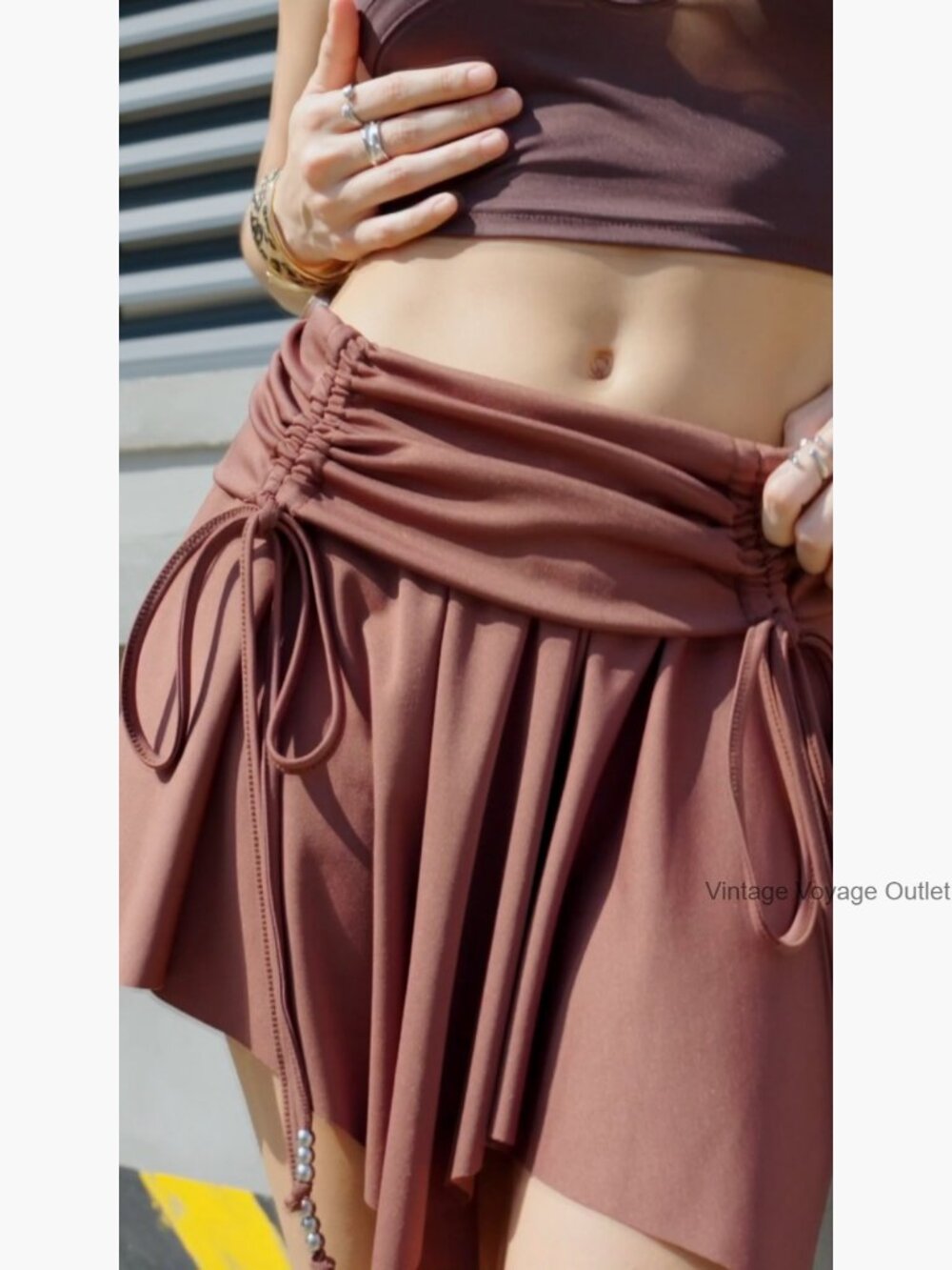 Ruched Drawstring Pleated Mini Skirt Asymmetrical Hem Night Out - Picture 6 of 6